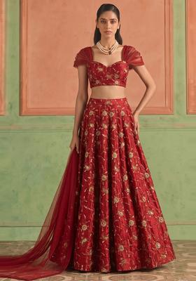 Deep Red Embroidered Tissue Lehenga Set