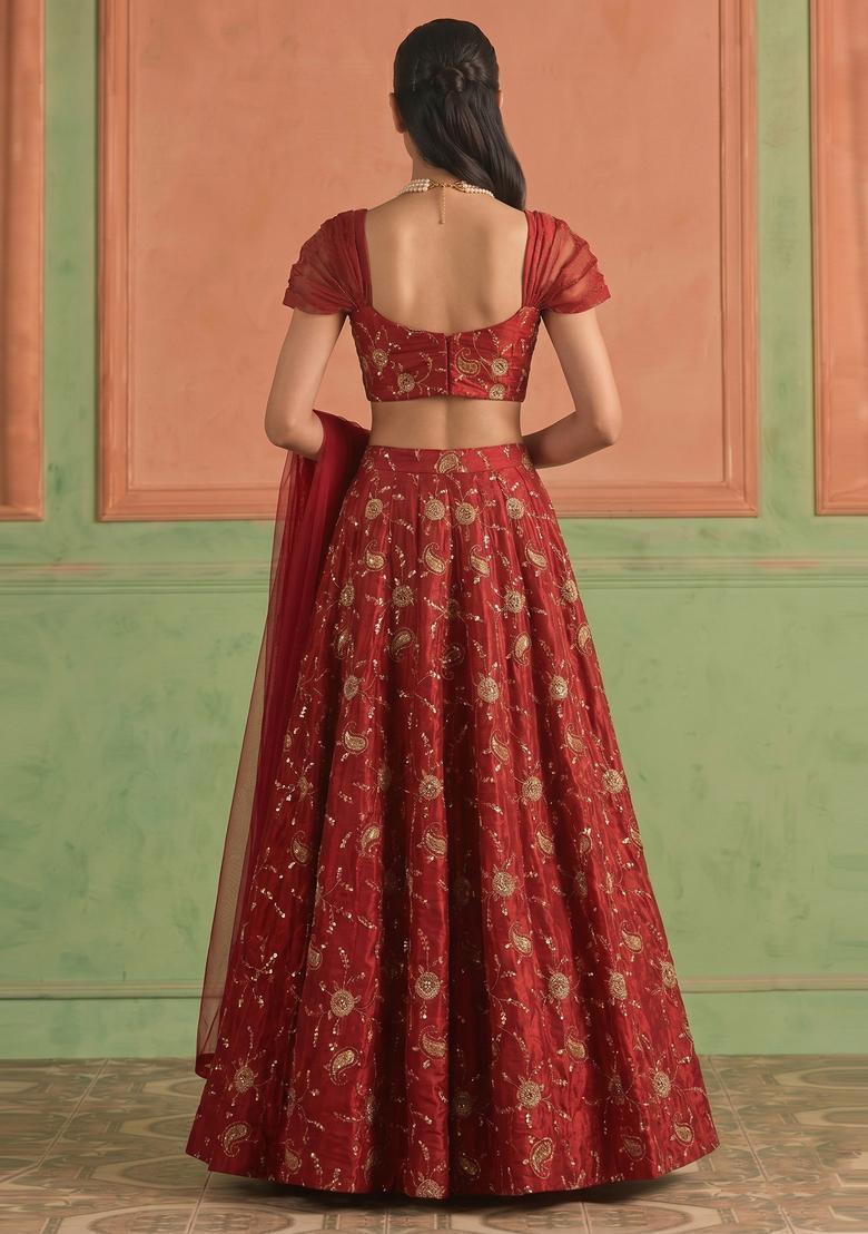 Deep Red Embroidered Tissue Lehenga Set - Indya