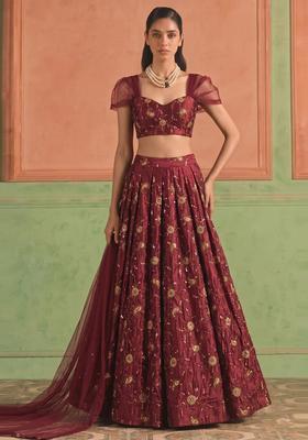 Deep Wine Embroidered Tissue Lehenga Set