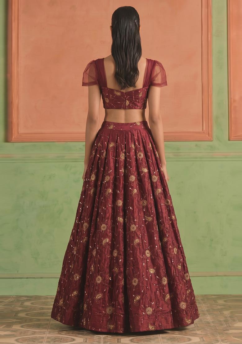 Deep Wine Embroidered Tissue Lehenga Set - Indya