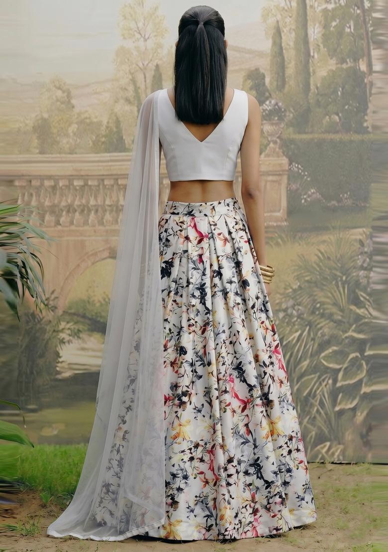 White Embroidered Crepe Lehenga Set - Indya