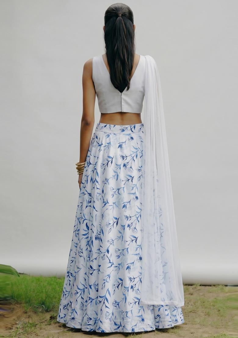 Ivory Printed Crepe Lehenga Set - Indya