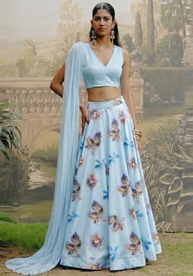 Powder Blue Printed Crepe Lehenga Set