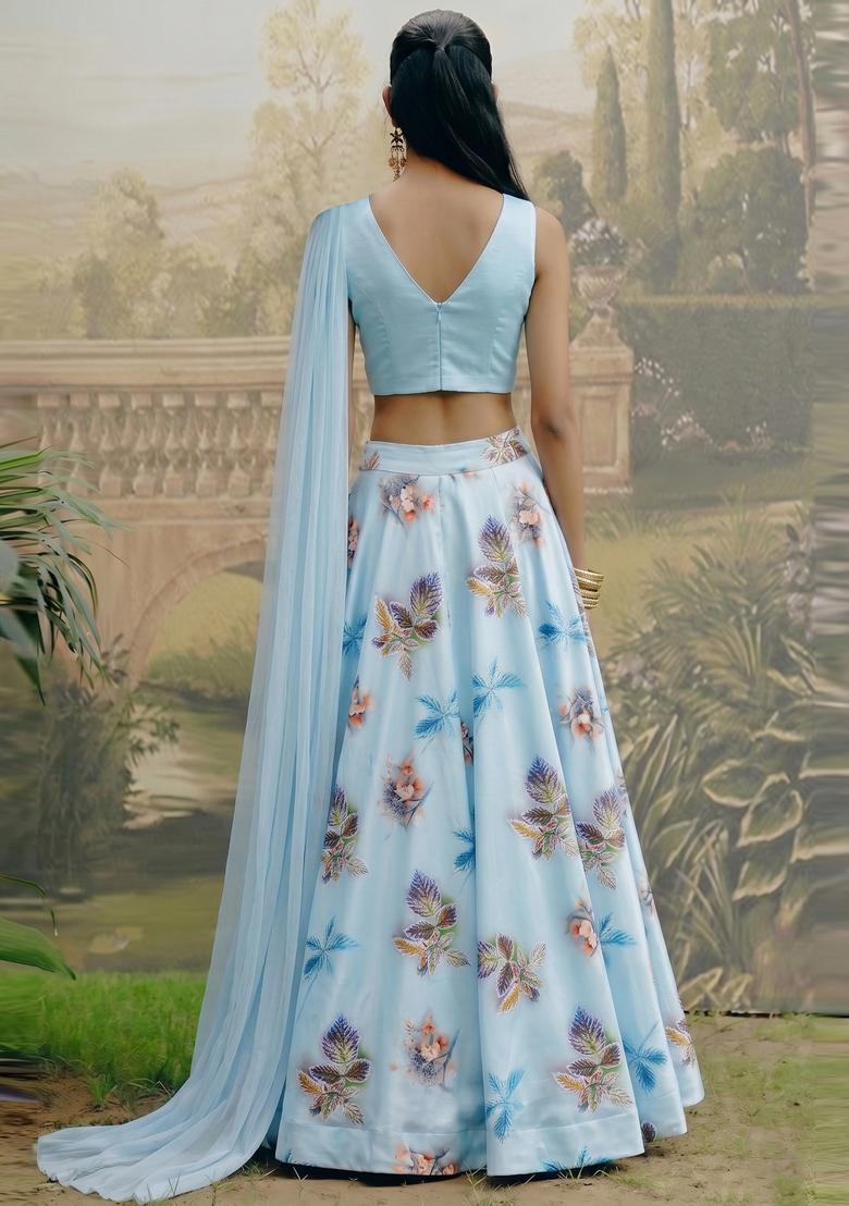 Powder Blue Printed Crepe Lehenga Set - Indya