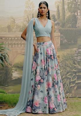 Dusty Blue Printed Satin Lehenga Set