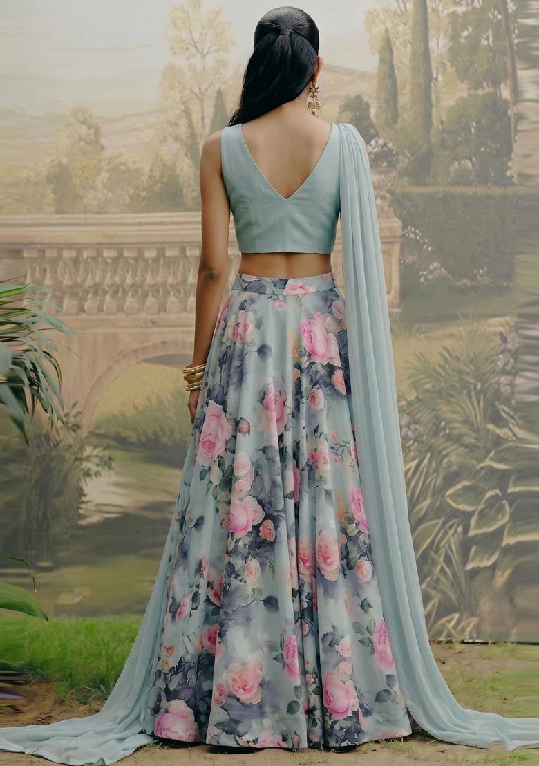 Dusty Blue Printed Satin Lehenga Set - Indya