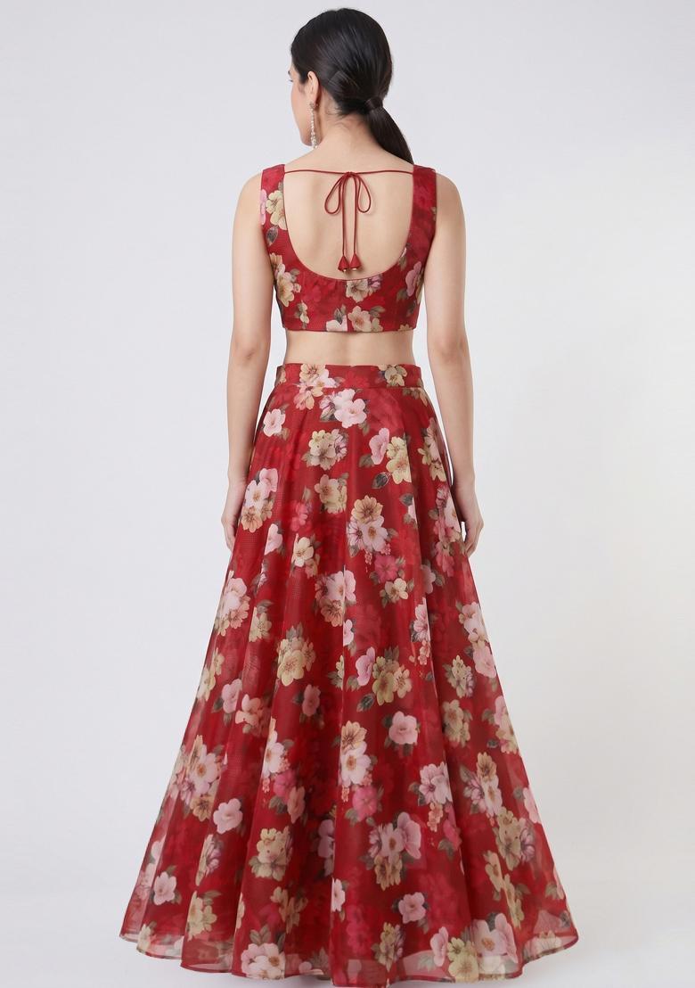 Deep Red Printed Crepe Lehenga Set - Indya