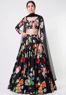 Black Printed Crepe Lehenga Set