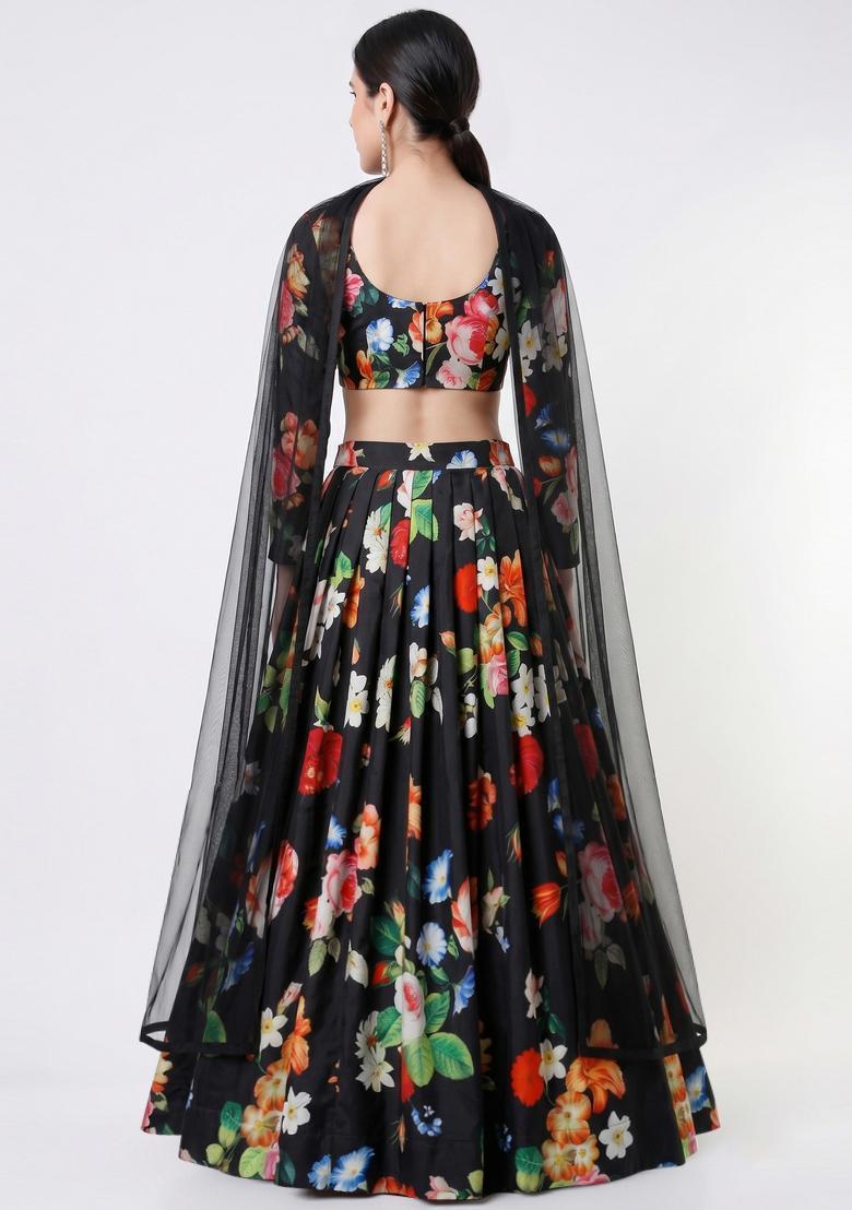 Black Printed Crepe Lehenga Set - Indya