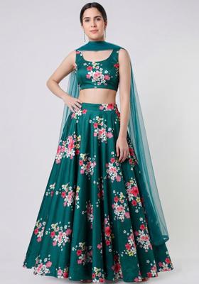 Emerald Green Printed Crepe Lehenga Set