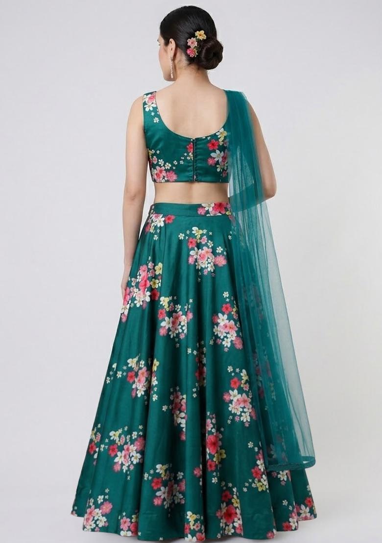Emerald Green Printed Crepe Lehenga Set - Indya