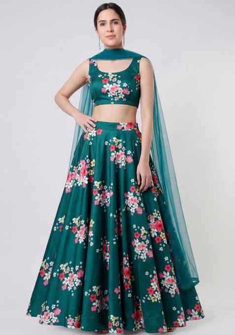 Emerald Green Printed Crepe Lehenga Set