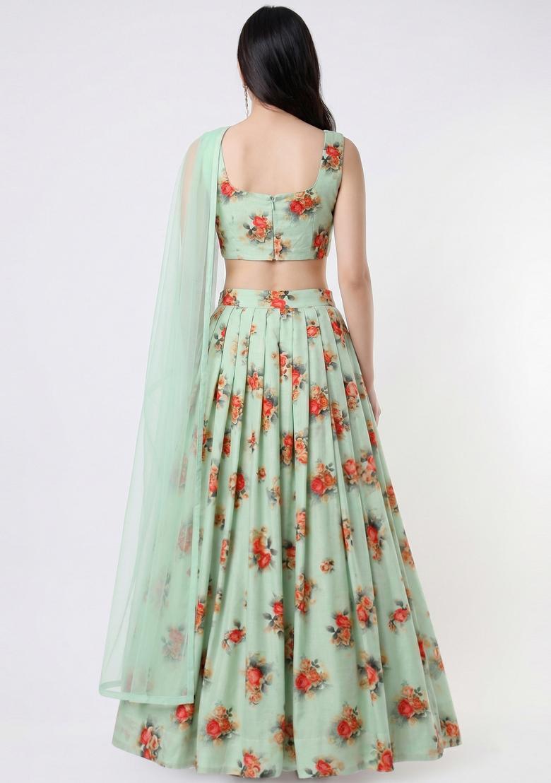 Mint Green Printed Crepe Lehenga Set - Indya