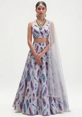 Light Grey Printed Crepe Lehenga Set