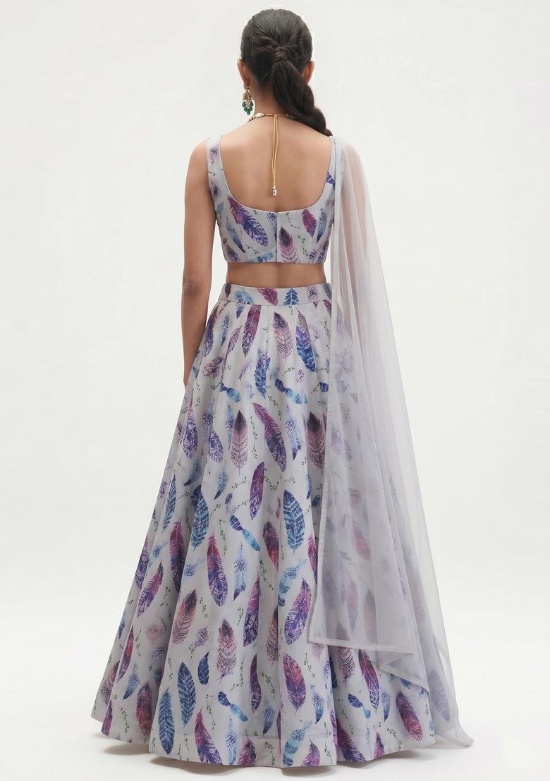 Light Grey Printed Crepe Lehenga Set - Indya