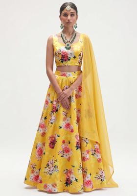 Bright Yellow Printed Crepe Lehenga Set