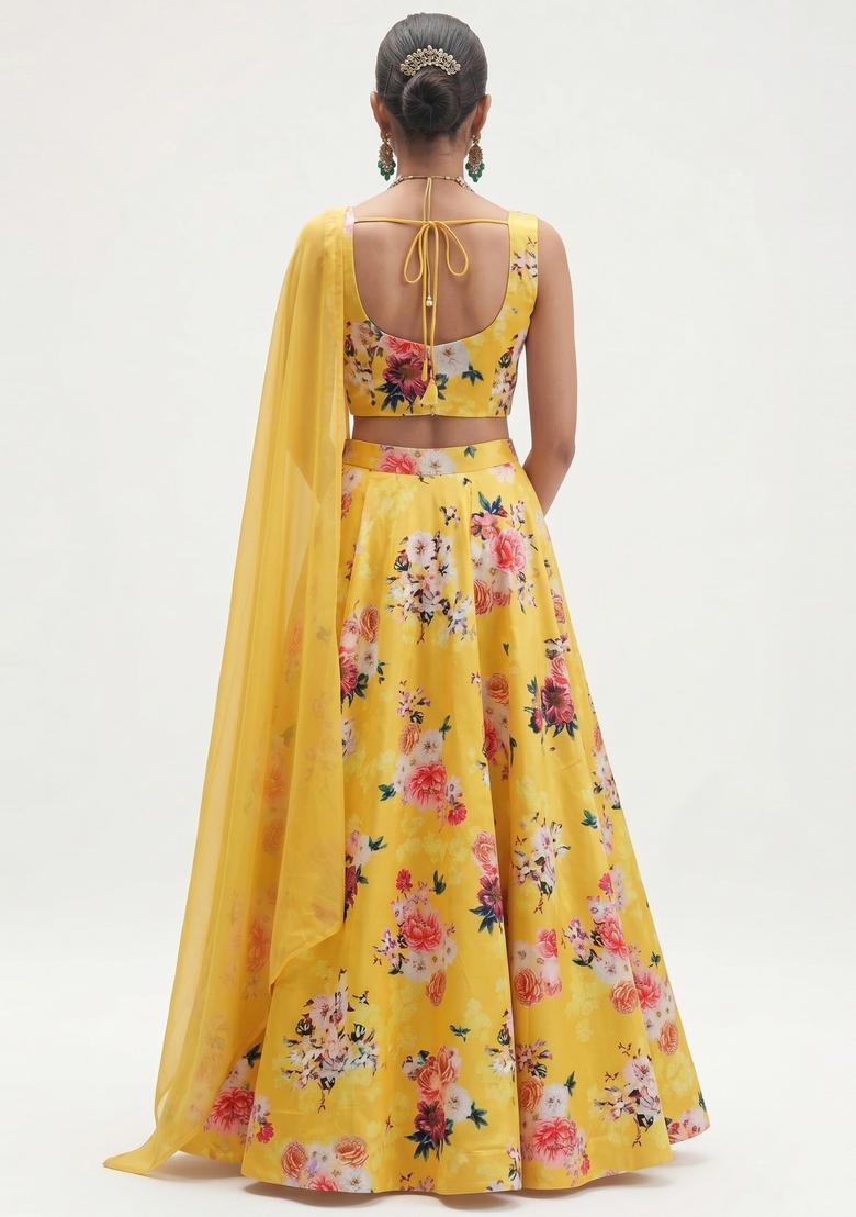 Bright Yellow Printed Crepe Lehenga Set - Indya