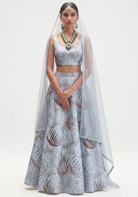 Powder Blue Printed Crepe Lehenga Set
