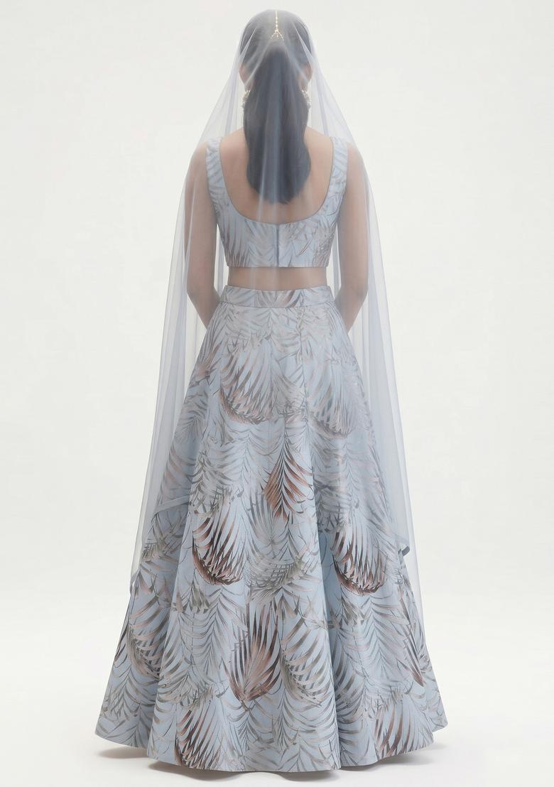 Powder Blue Printed Crepe Lehenga Set - Indya