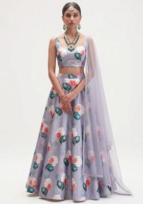 Lavender Printed Crepe Lehenga Set