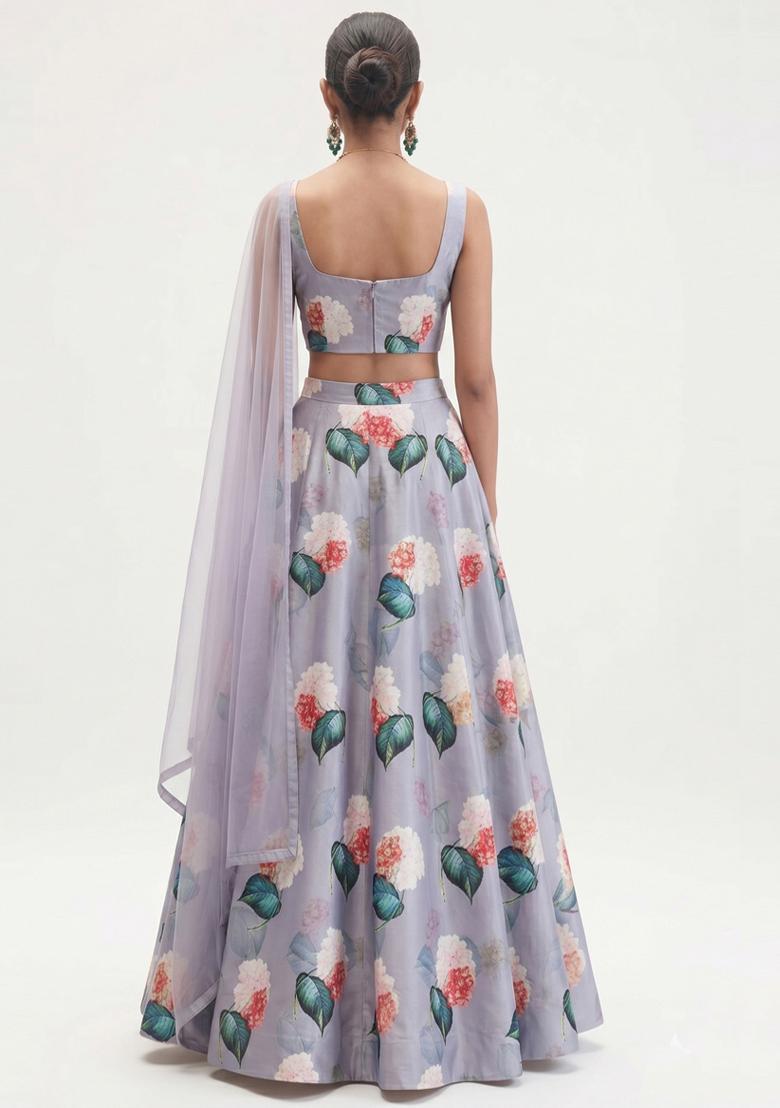 Lavender Printed Crepe Lehenga Set - Indya