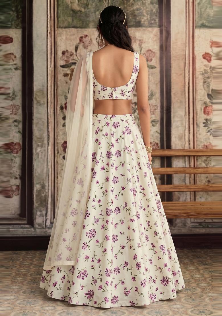Off-White Printed Crepe Lehenga Set - Indya