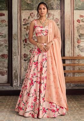 Peach Printed Crepe Lehenga Set