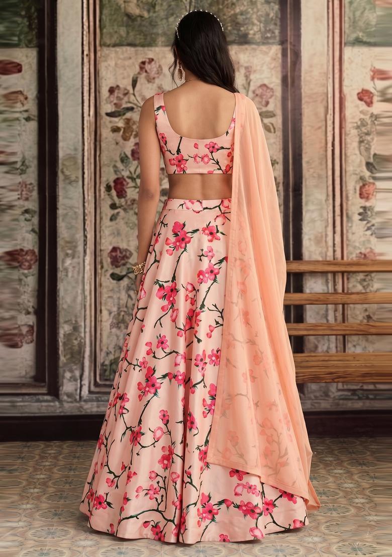 Peach Printed Crepe Lehenga Set - Indya