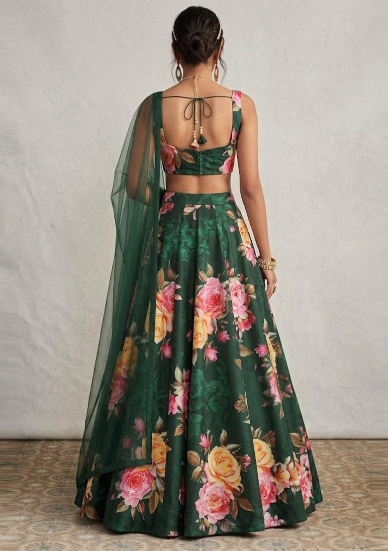 Dark Green Printed Crepe Lehenga Set - Indya