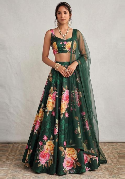 Dark Green Printed Crepe Lehenga Set