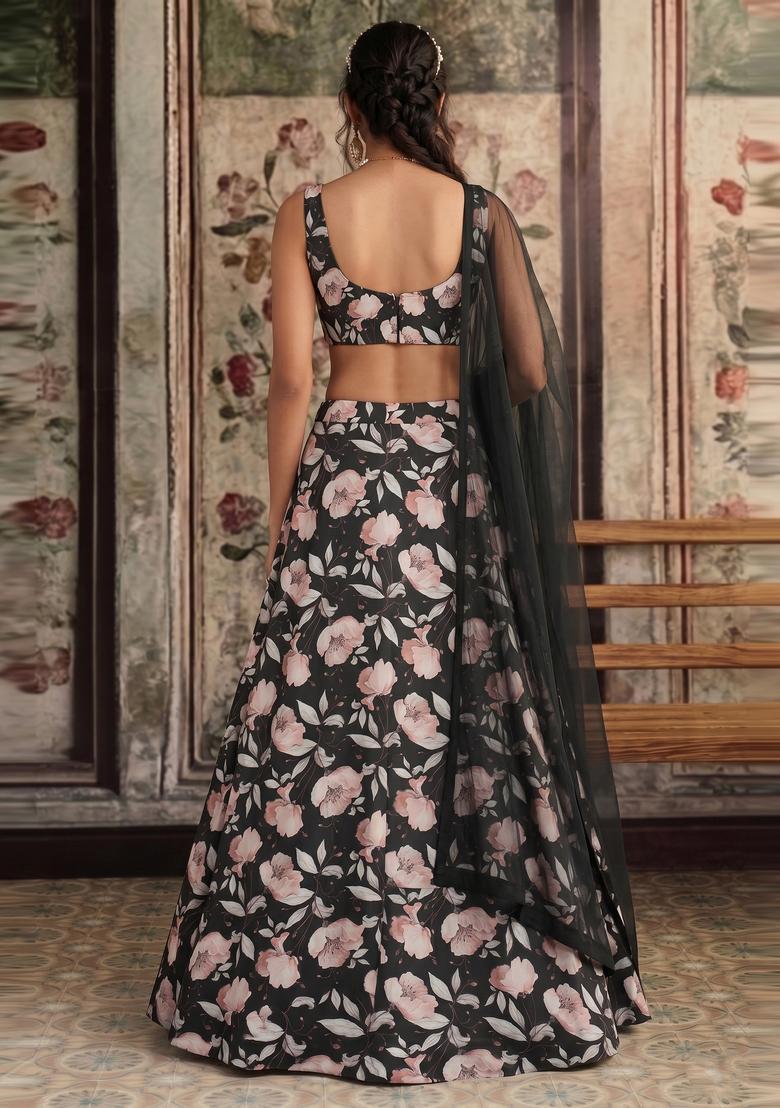 Black Printed Crepe Lehenga Set - Indya