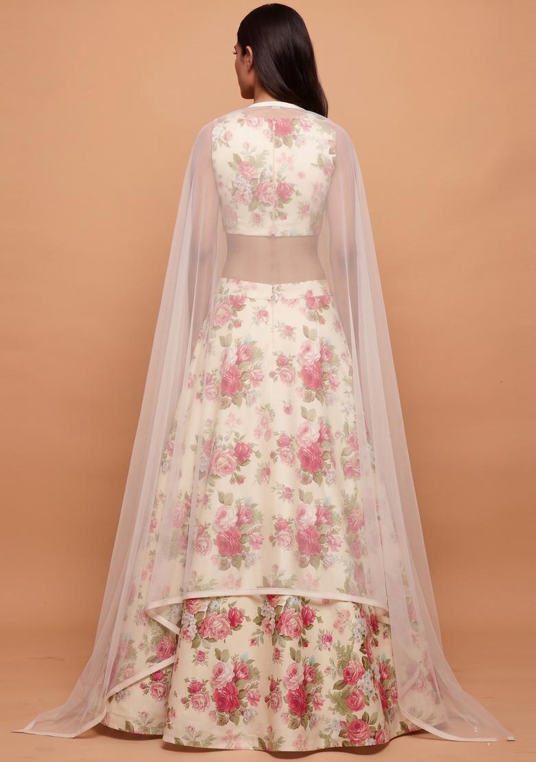 Off-White Printed Crepe Lehenga Set - Indya