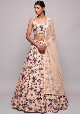 Beige Printed Crepe Lehenga Set
