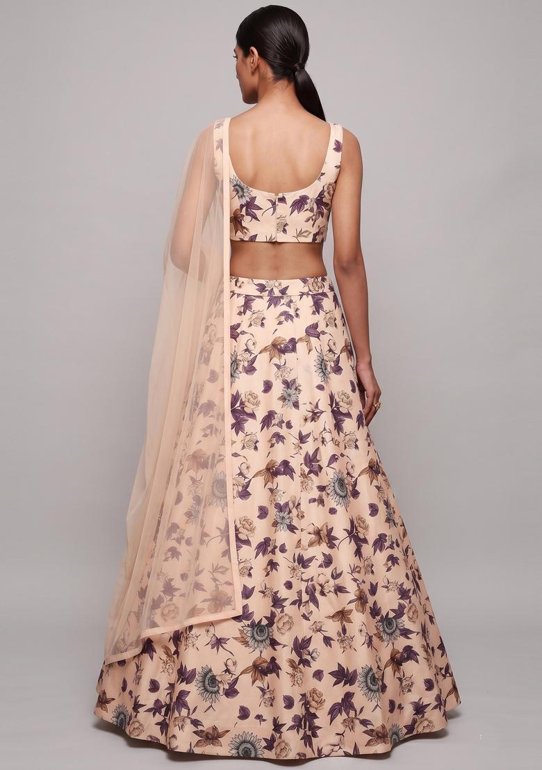 Beige Printed Crepe Lehenga Set - Indya