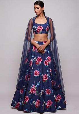 Navy Blue Printed Crepe Lehenga Set