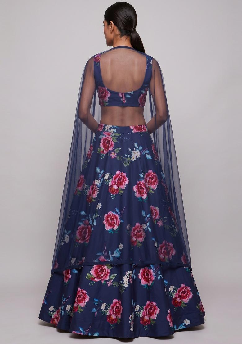 Navy Blue Printed Crepe Lehenga Set - Indya