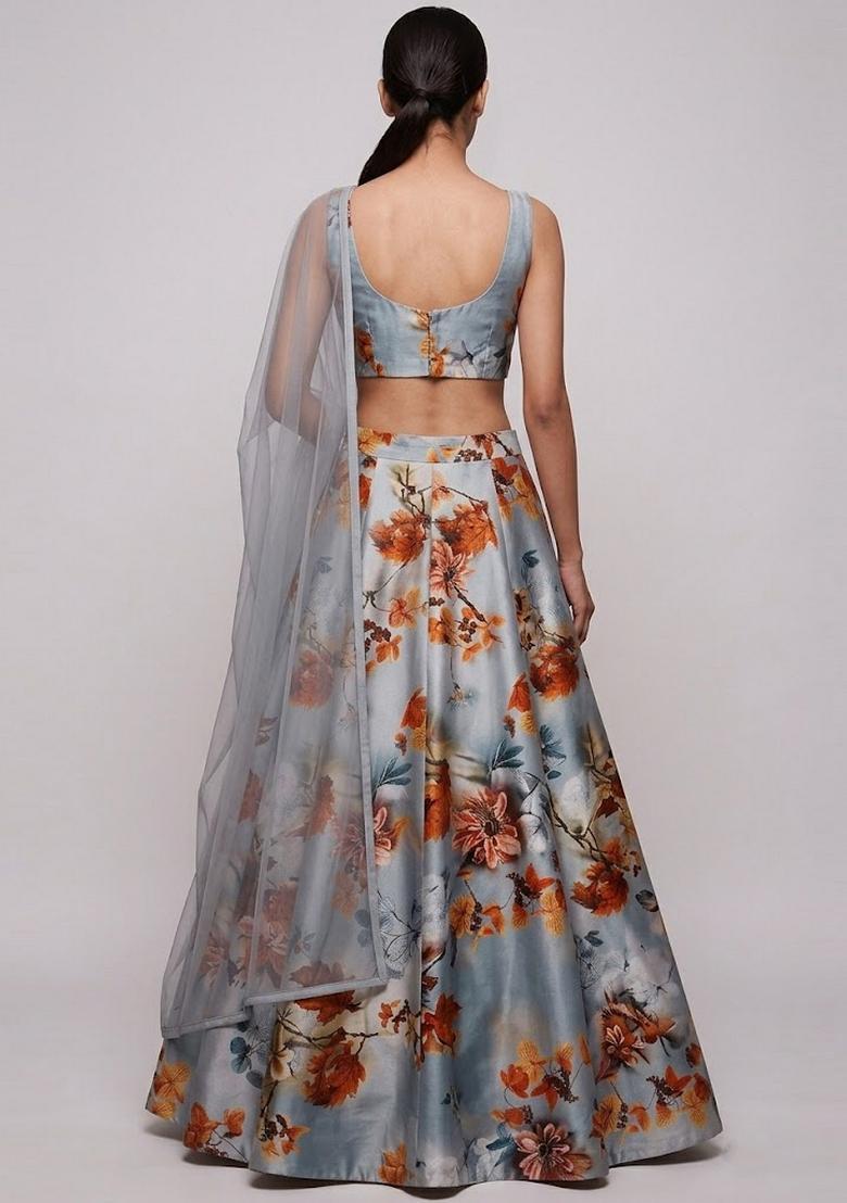 Steel Grey Printed Crepe Lehenga Set - Indya