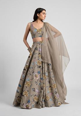 Taupe Printed Crepe Lehenga Set