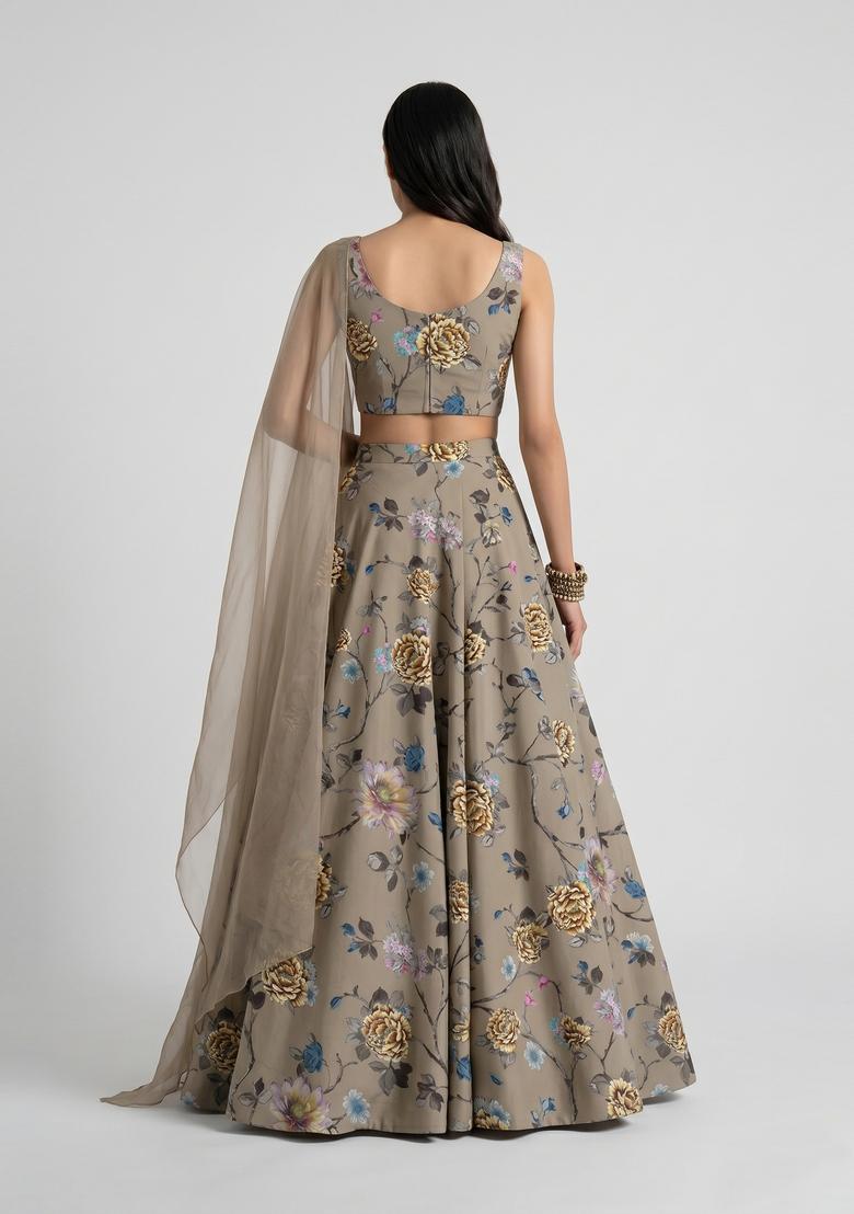 Taupe Printed Crepe Lehenga Set - Indya