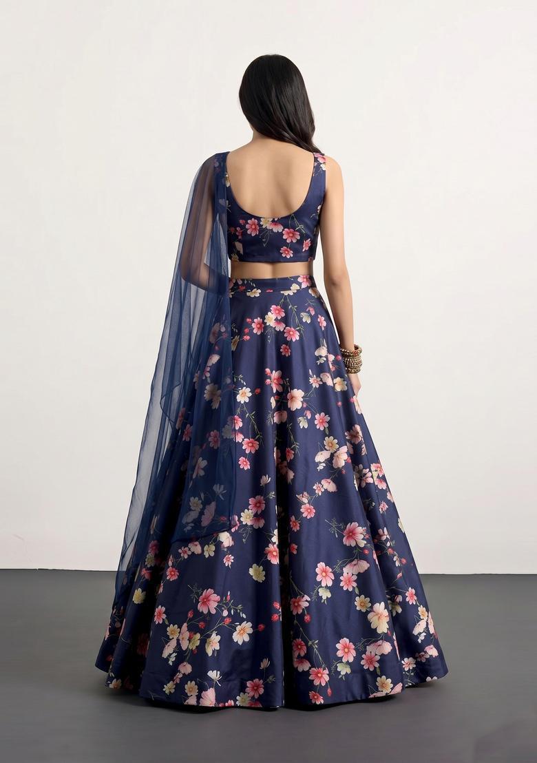 Navy Blue Printed Crepe Lehenga Set - Indya