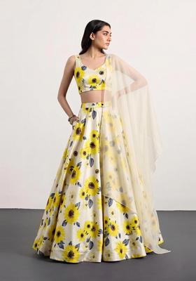 Yellow Printed Crepe Lehenga Set