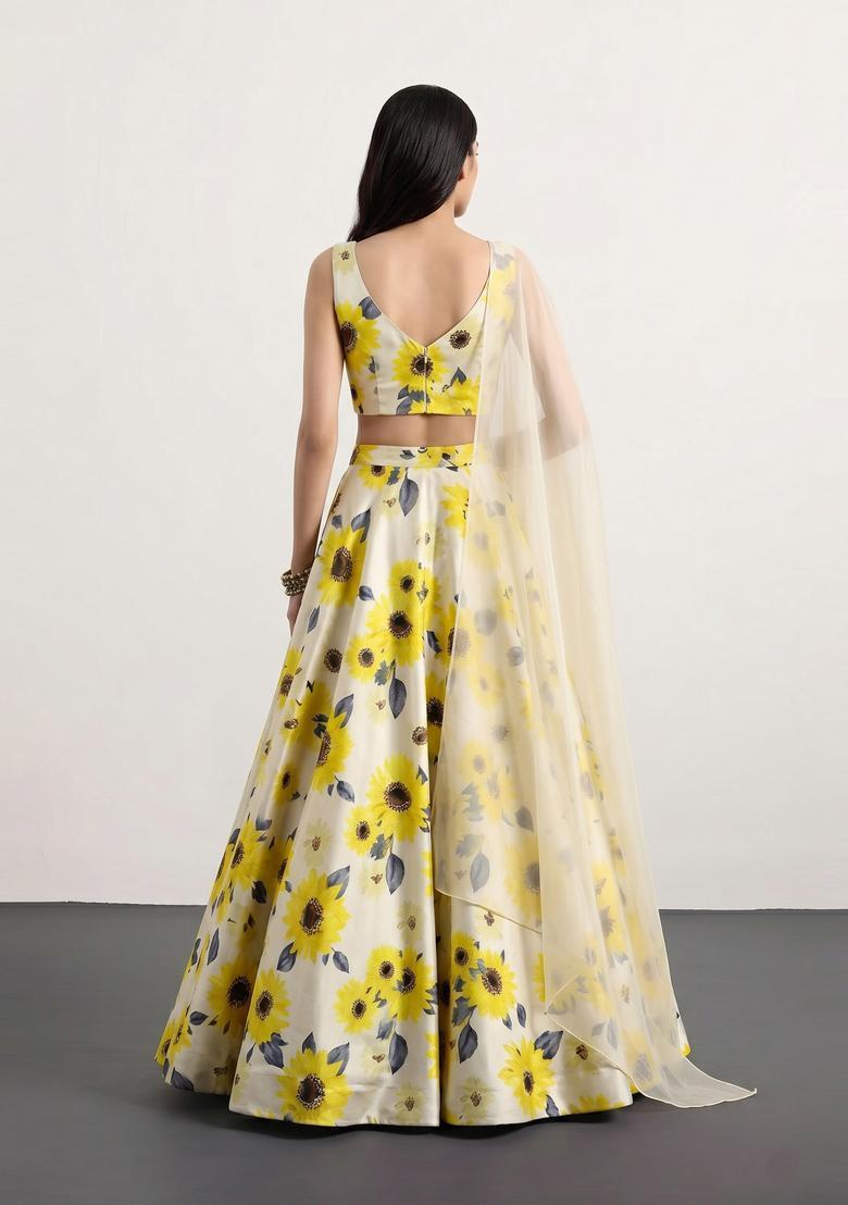 Yellow Printed Crepe Lehenga Set - Indya