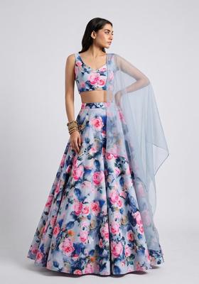 Pastel Blue Printed Crepe Lehenga Set