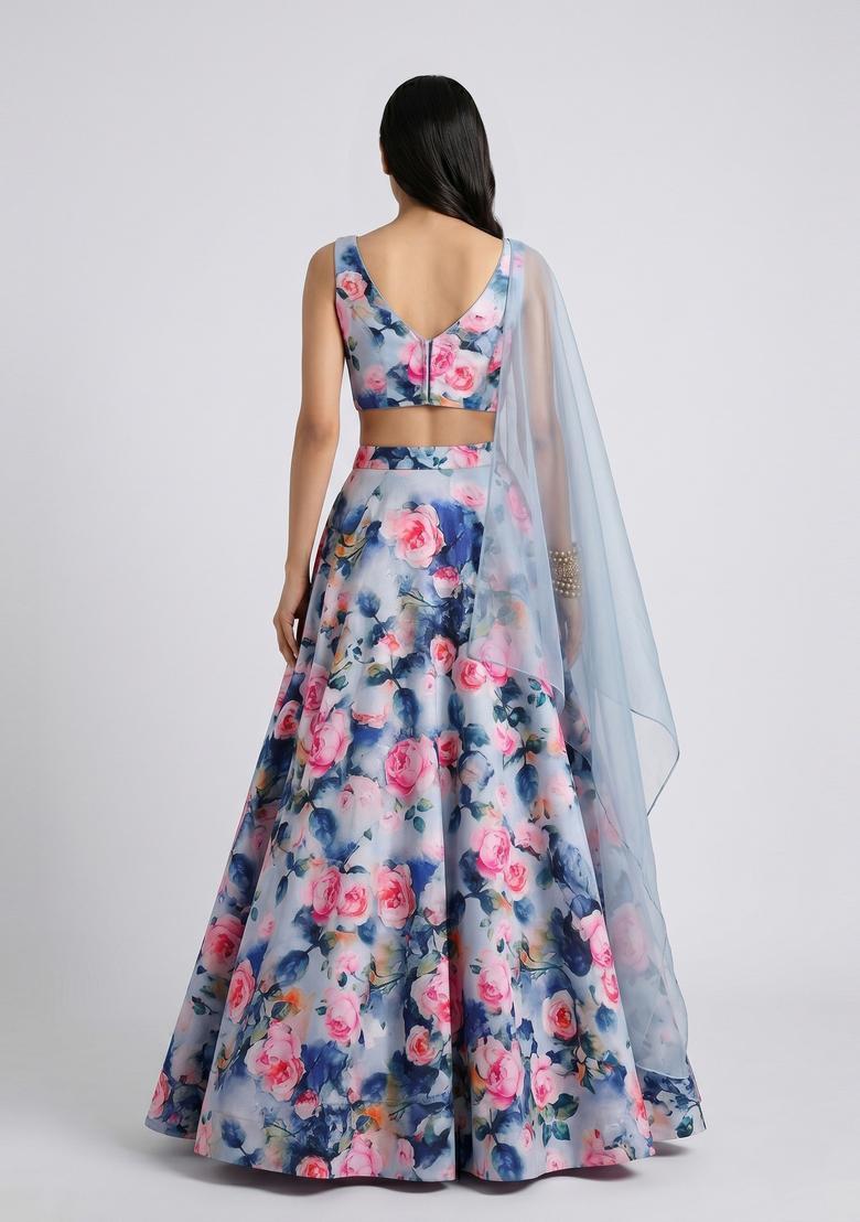 Pastel Blue Printed Crepe Lehenga Set - Indya