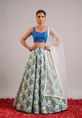 White Printed Crepe Lehenga Set