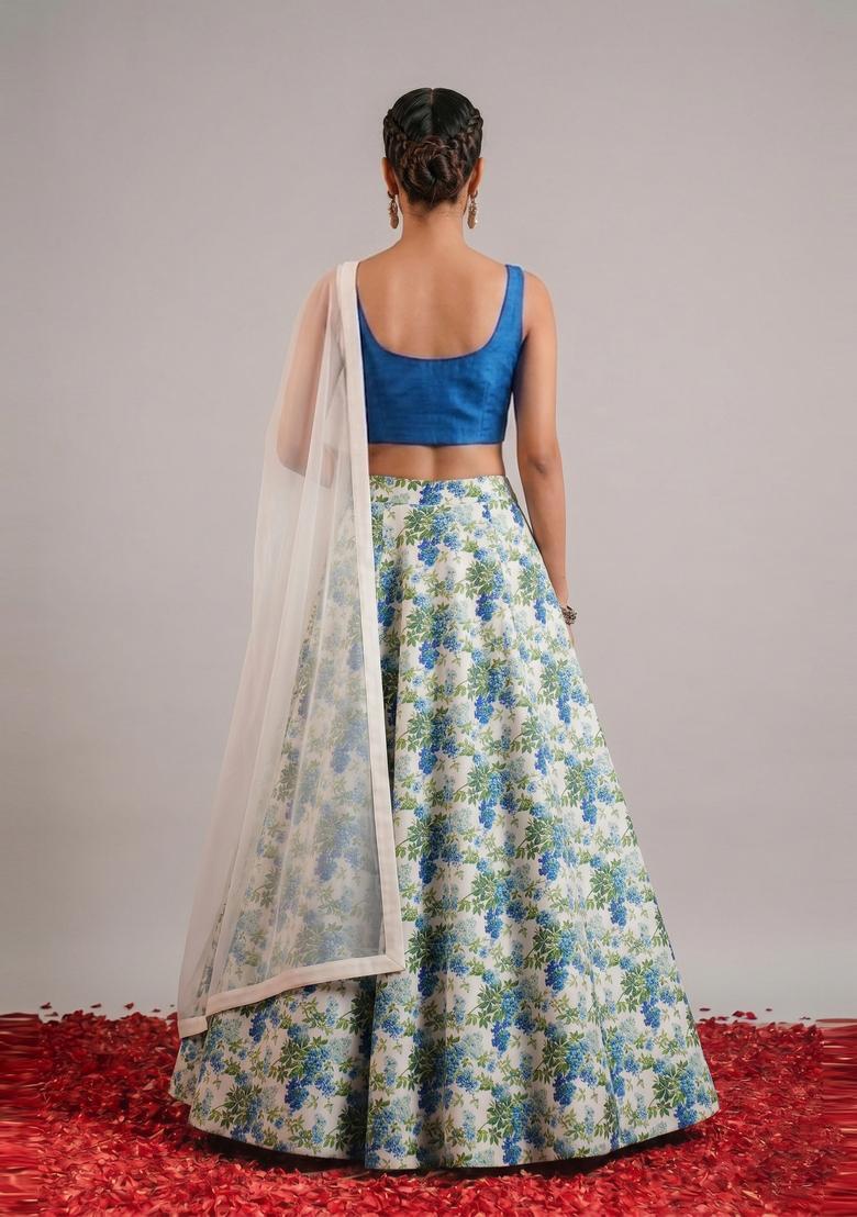 White Printed Crepe Lehenga Set - Indya