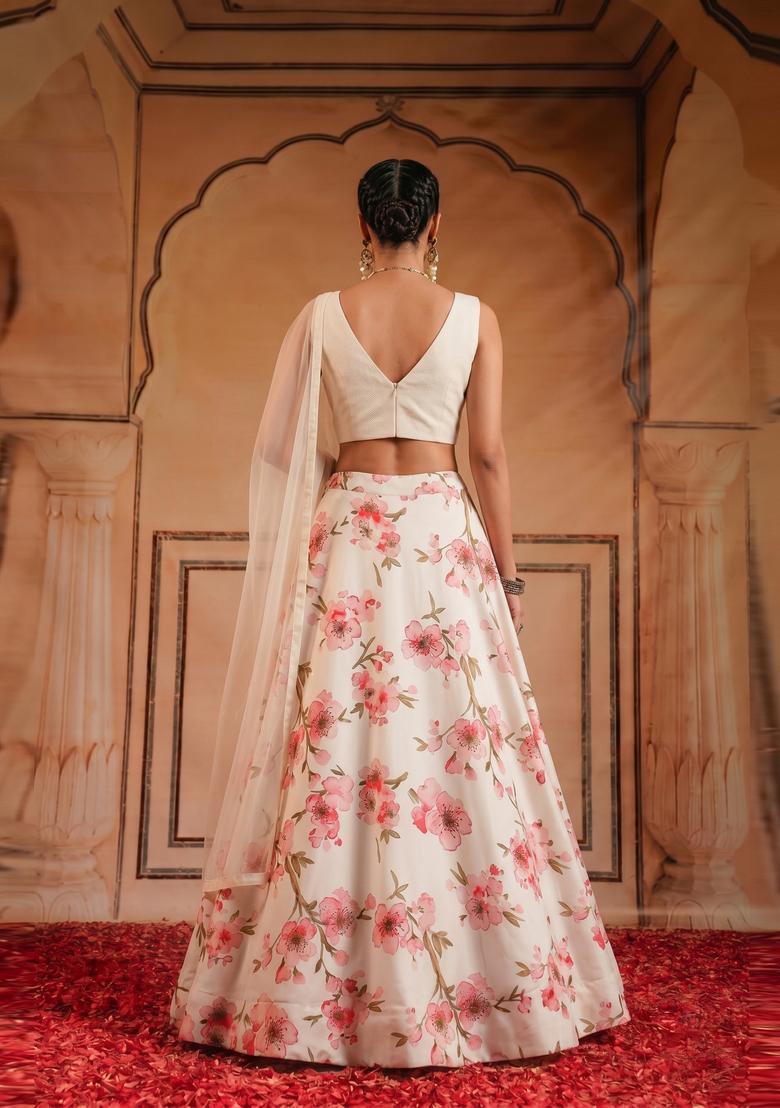 White Printed Crepe Lehenga Set - Indya
