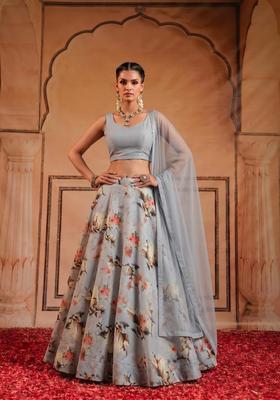 Grey Printed Crepe Lehenga Set