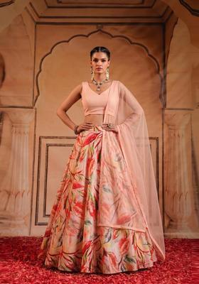 Pastel Peach Printed Crepe Lehenga Set