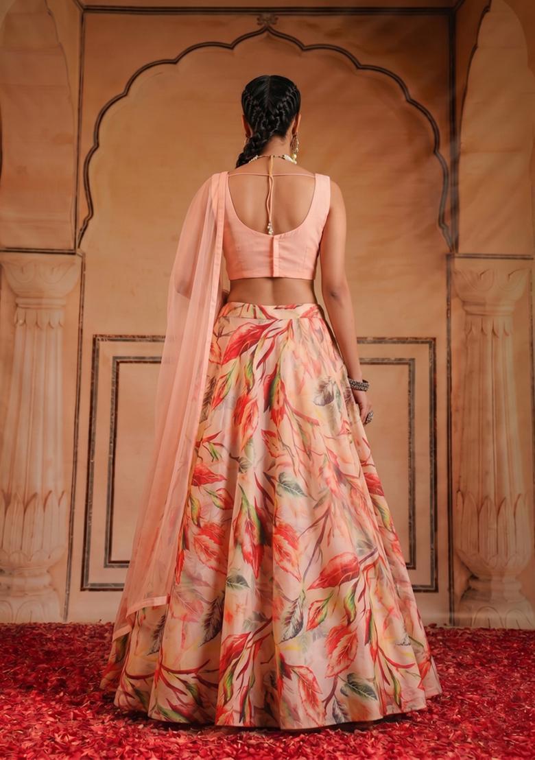 Pastel Peach Printed Crepe Lehenga Set - Indya